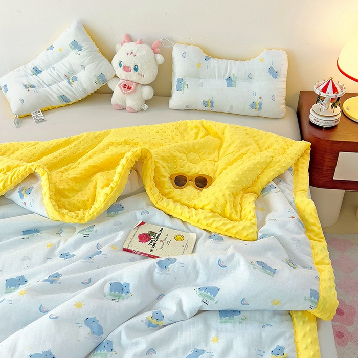 91家纺网 家纺一手货源 找家纺 十九色 2025新款婴幼儿安抚豆豆被全棉华夫格豆豆被一体款+可拆款（可机洗） 一体款-河马宝宝