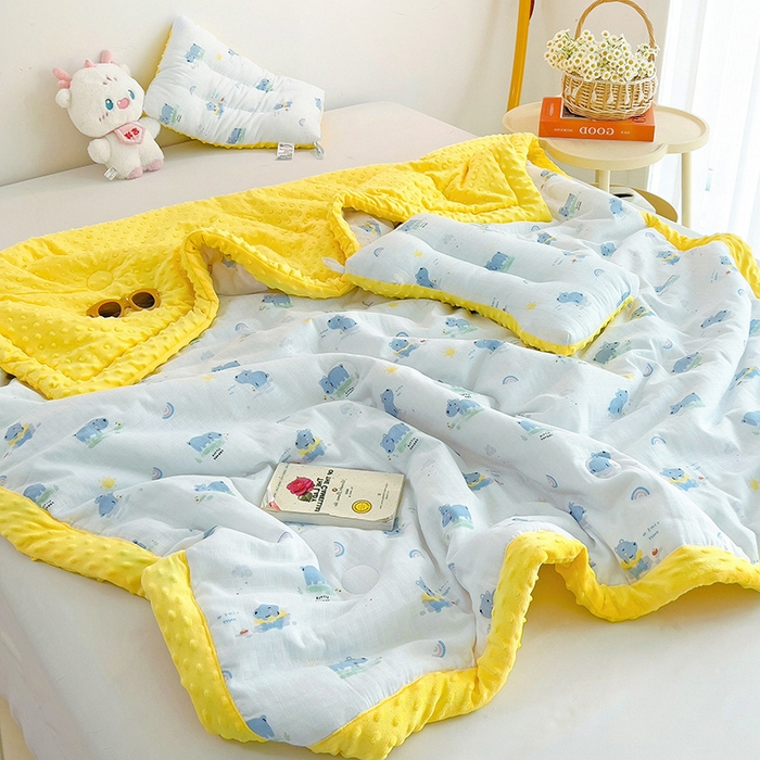 91家纺网 家纺一手货源 找家纺 十九色 2025新款婴幼儿安抚豆豆被全棉华夫格豆豆被一体款+可拆款（可机洗） 一体款-河马宝宝