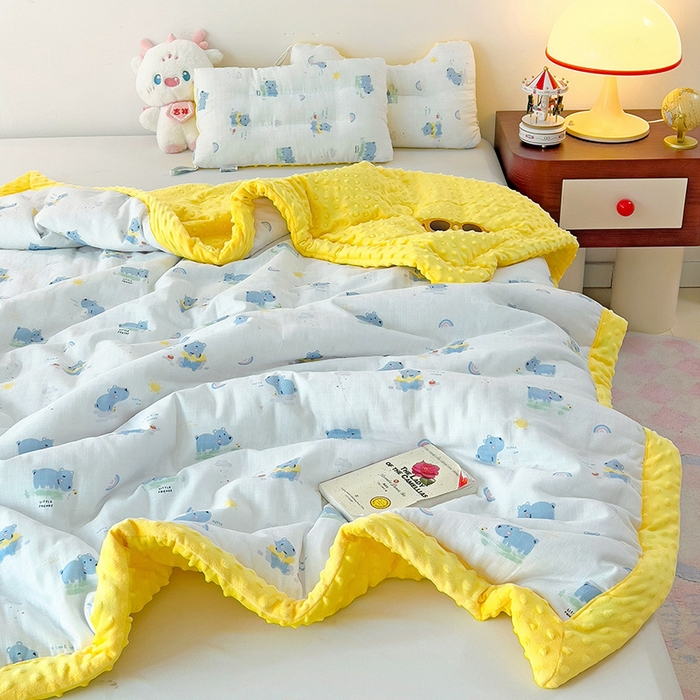 91家纺网 家纺一手货源 找家纺 十九色 2025新款婴幼儿安抚豆豆被全棉华夫格豆豆被一体款+可拆款（可机洗） 一体款-河马宝宝