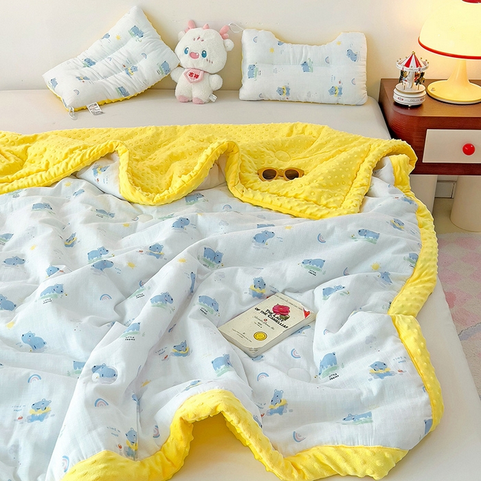 91家纺网 家纺一手货源 找家纺 十九色 2025新款婴幼儿安抚豆豆被全棉华夫格豆豆被一体款+可拆款（可机洗） 一体款-河马宝宝
