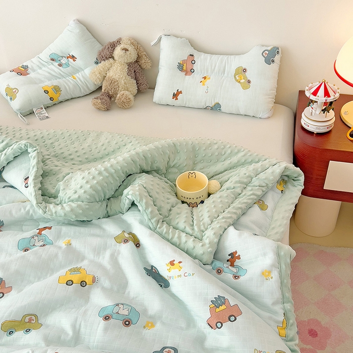 91家纺网 家纺一手货源 找家纺 十九色 2025新款婴幼儿安抚豆豆被全棉华夫格豆豆被一体款+可拆款（可机洗） 一体款-梦想汽车