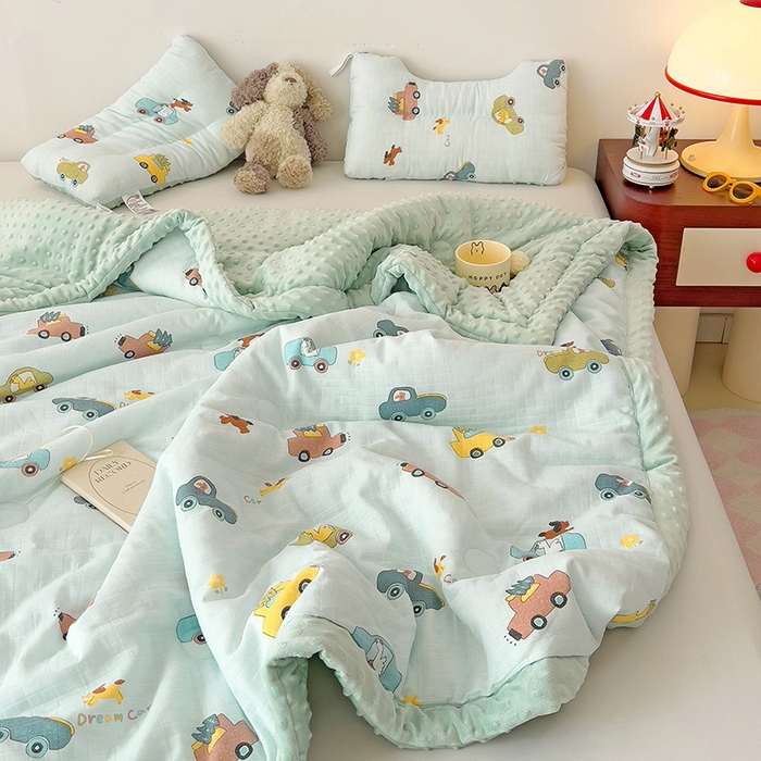91家纺网 家纺一手货源 找家纺 十九色 2025新款婴幼儿安抚豆豆被全棉华夫格豆豆被一体款+可拆款（可机洗） 一体款-梦想汽车