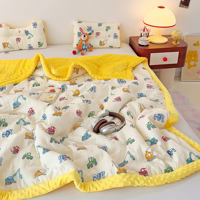 91家纺网 家纺一手货源 找家纺 十九色 2025新款婴幼儿安抚豆豆被全棉华夫格豆豆被一体款+可拆款（可机洗） 一体款-小吊车