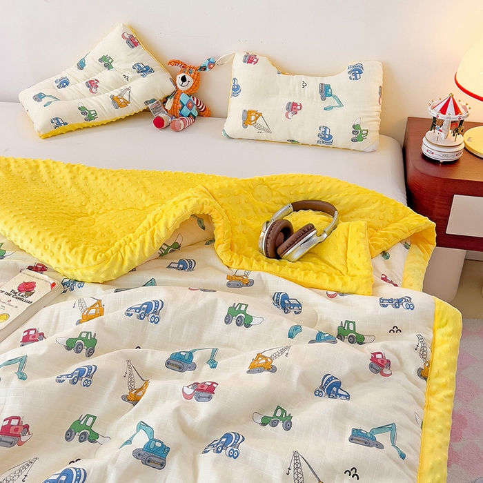 91家纺网 家纺一手货源 找家纺 十九色 2025新款婴幼儿安抚豆豆被全棉华夫格豆豆被一体款+可拆款（可机洗） 一体款-小吊车