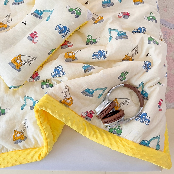 91家纺网 家纺一手货源 找家纺 十九色 2025新款婴幼儿安抚豆豆被全棉华夫格豆豆被一体款+可拆款（可机洗） 一体款-小吊车