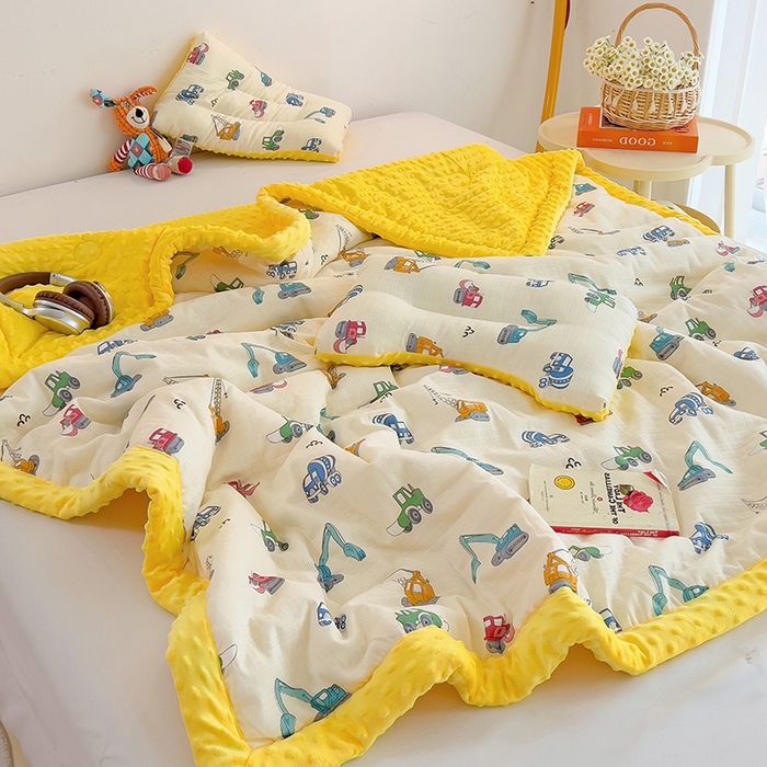 91家纺网 家纺一手货源 找家纺 十九色 2025新款婴幼儿安抚豆豆被全棉华夫格豆豆被一体款+可拆款（可机洗） 一体款-小吊车