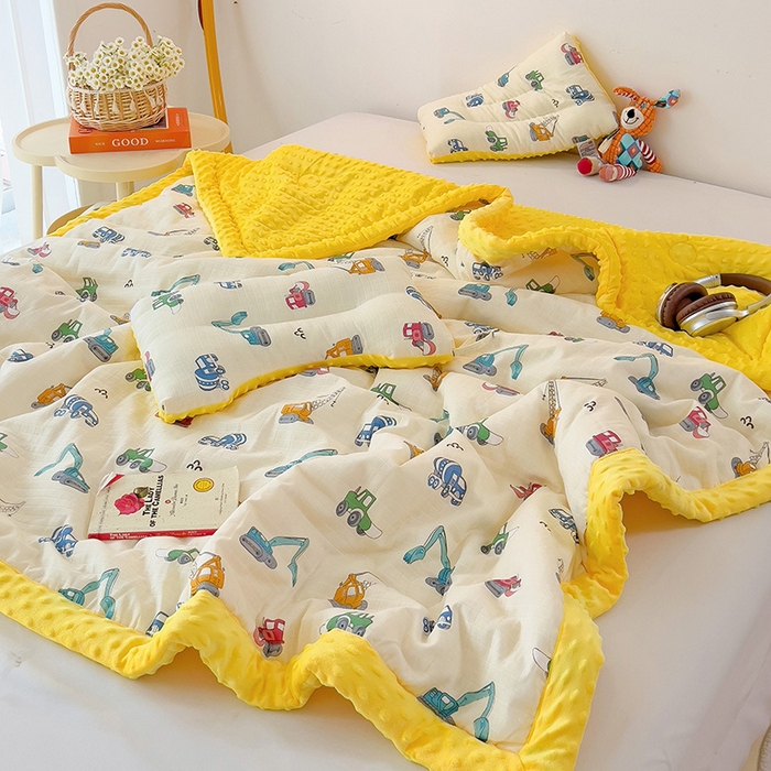 91家纺网 家纺一手货源 找家纺 十九色 2025新款婴幼儿安抚豆豆被全棉华夫格豆豆被一体款+可拆款（可机洗） 一体款-小吊车