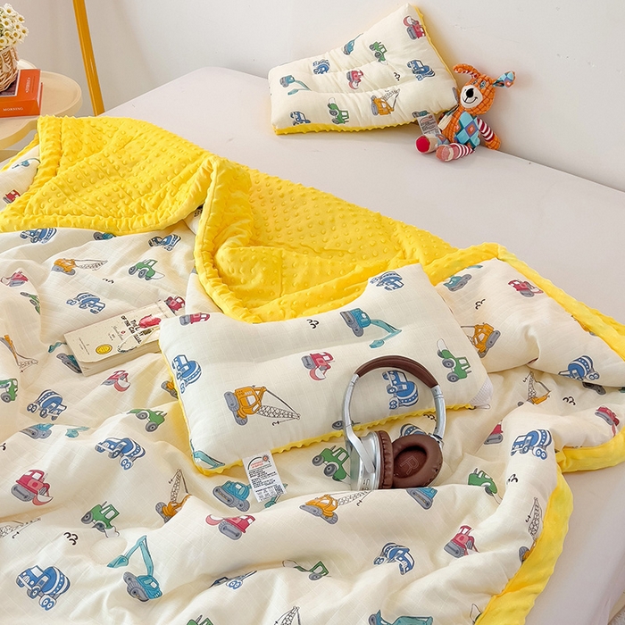 91家纺网 家纺一手货源 找家纺 十九色 2025新款婴幼儿安抚豆豆被全棉华夫格豆豆被一体款+可拆款（可机洗） 一体款-小吊车
