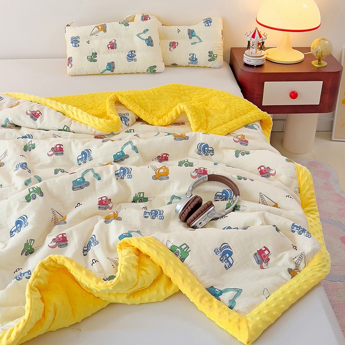 91家纺网 家纺一手货源 找家纺 十九色 2025新款婴幼儿安抚豆豆被全棉华夫格豆豆被一体款+可拆款（可机洗） 一体款-小吊车