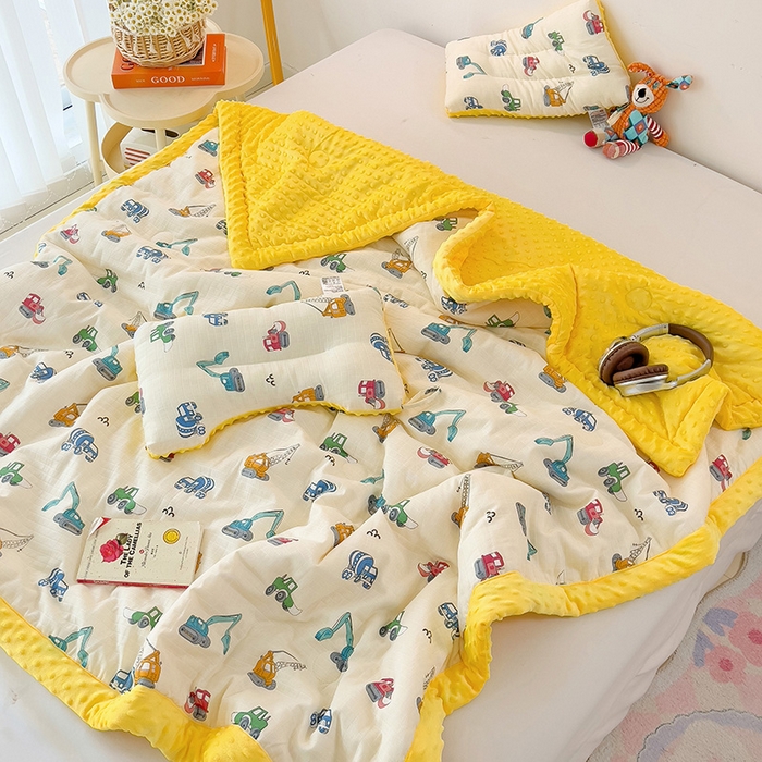 91家纺网 家纺一手货源 找家纺 十九色 2025新款婴幼儿安抚豆豆被全棉华夫格豆豆被一体款+可拆款（可机洗） 一体款-小吊车