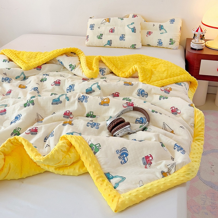 91家纺网 家纺一手货源 找家纺 十九色 2025新款婴幼儿安抚豆豆被全棉华夫格豆豆被一体款+可拆款（可机洗） 一体款-小吊车