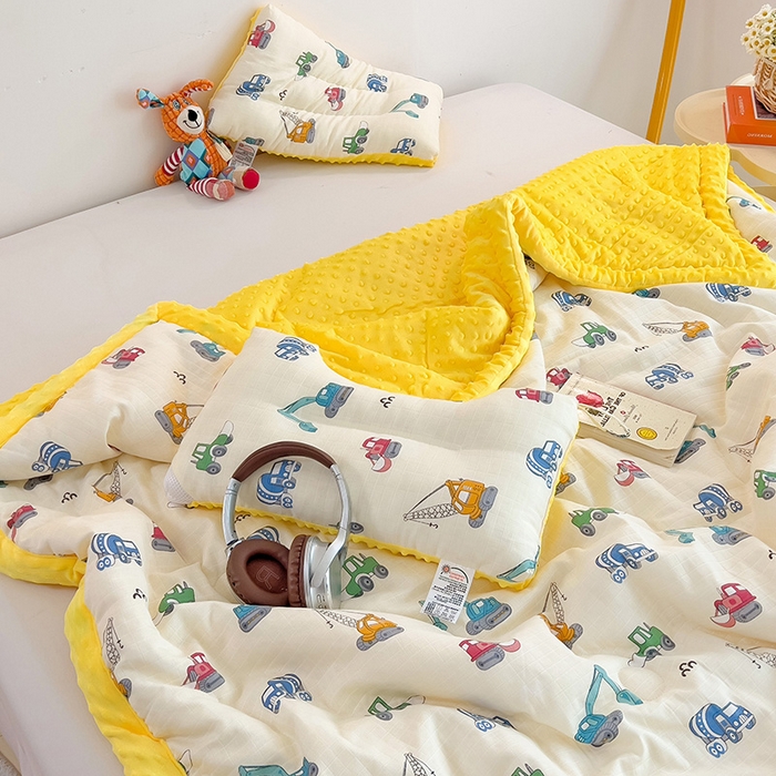 91家纺网 家纺一手货源 找家纺 十九色 2025新款婴幼儿安抚豆豆被全棉华夫格豆豆被一体款+可拆款（可机洗） 一体款-小吊车