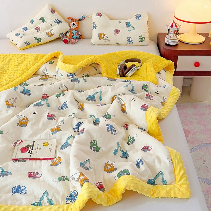 91家纺网 家纺一手货源 找家纺 十九色 2025新款婴幼儿安抚豆豆被全棉华夫格豆豆被一体款+可拆款（可机洗） 一体款-小吊车