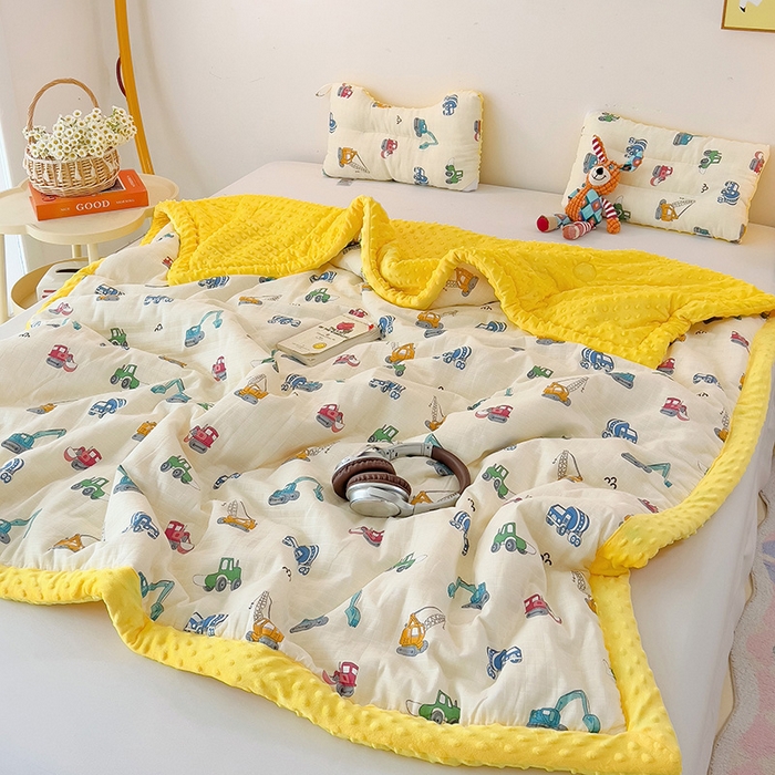 91家纺网 家纺一手货源 找家纺 十九色 2025新款婴幼儿安抚豆豆被全棉华夫格豆豆被一体款+可拆款（可机洗） 一体款-小吊车