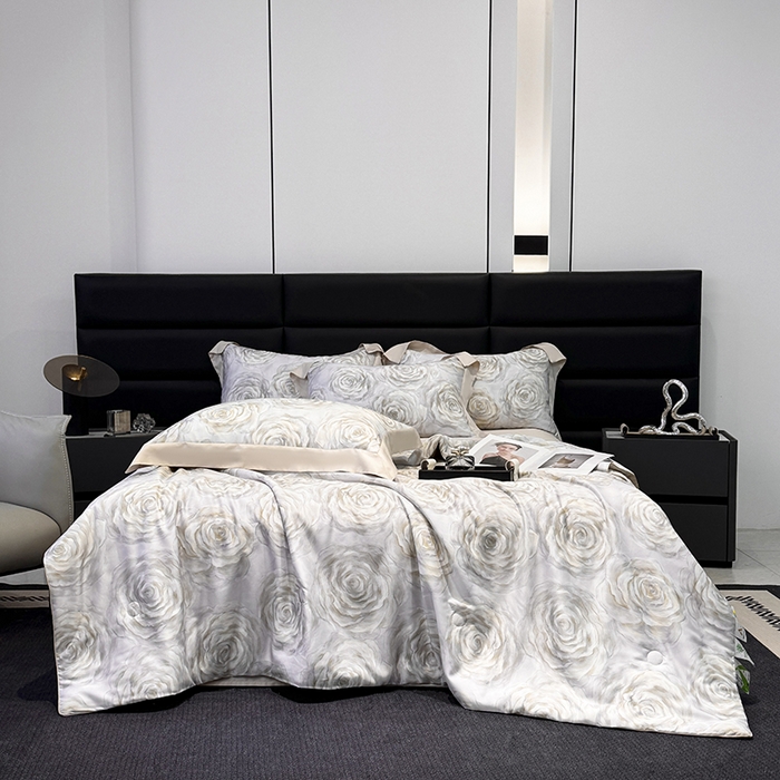 八方汇（一户被芯生活馆） 2025春夏新款莱赛尔天丝夏被嵌绳款数码印花单夏被夏被四件套单床笠单床单款 松绿玫瑰