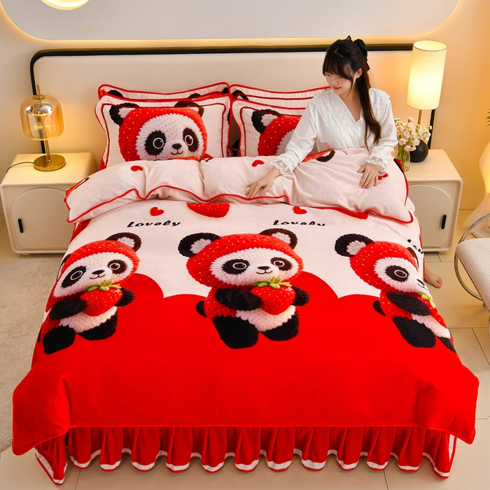 91家纺网 家纺一手货源 找家纺 羽梦2025新款8.5斤牛奶法莱绒金貂法兰绒四件套直播爆款 草莓熊