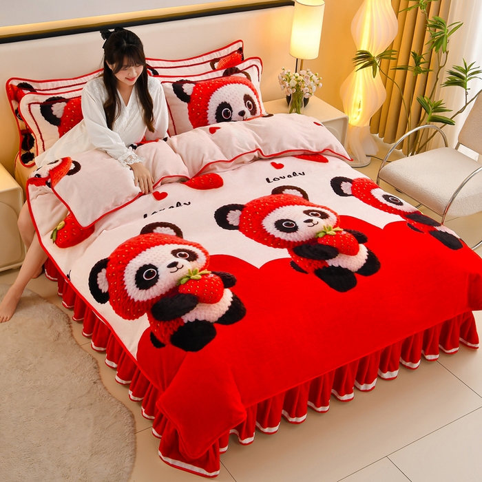 羽梦2025新款8.5斤牛奶法莱绒金貂法兰绒四件套直播爆款 草莓熊