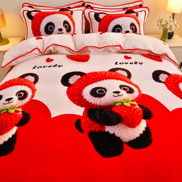 91家纺网 家纺一手货源 找家纺 羽梦2025新款8.5斤牛奶法莱绒金貂法兰绒四件套直播爆款 草莓熊