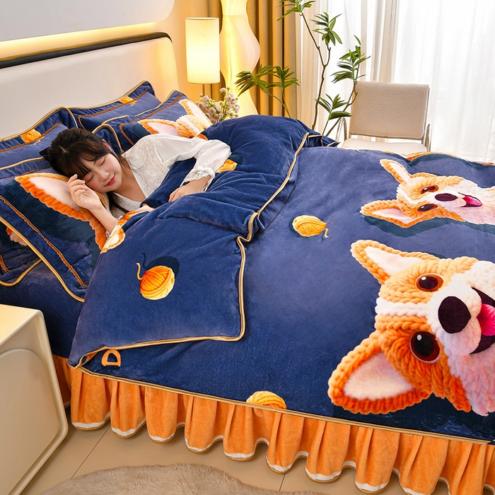 91家纺网 家纺一手货源 找家纺 羽梦2025新款8.5斤牛奶法莱绒金貂法兰绒四件套直播爆款 萌犬暖绒