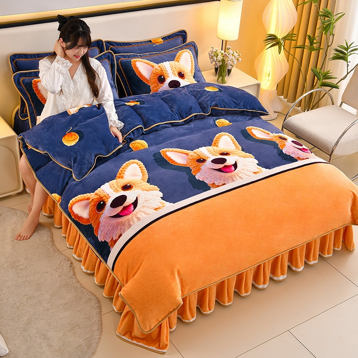 羽梦2025新款8.5斤牛奶法莱绒金貂法兰绒四件套直播爆款 萌犬暖绒