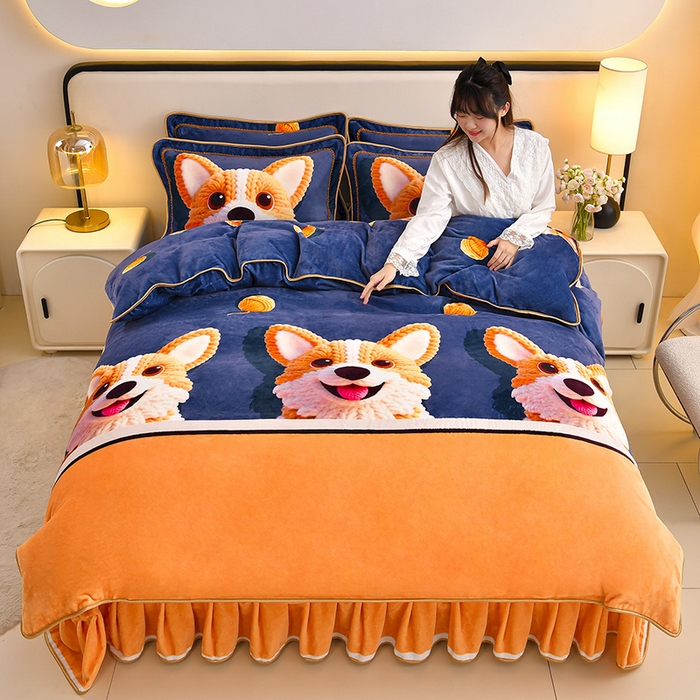 91家纺网 家纺一手货源 找家纺 羽梦2025新款8.5斤牛奶法莱绒金貂法兰绒四件套直播爆款 萌犬暖绒