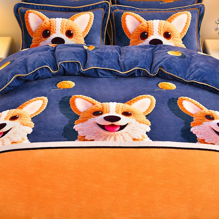 91家纺网 家纺一手货源 找家纺 羽梦2025新款8.5斤牛奶法莱绒金貂法兰绒四件套直播爆款 萌犬暖绒