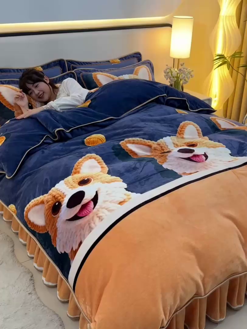 91家纺网 家纺一手货源 找家纺 羽梦2025新款8.5斤牛奶法莱绒金貂法兰绒四件套直播爆款 萌犬暖绒