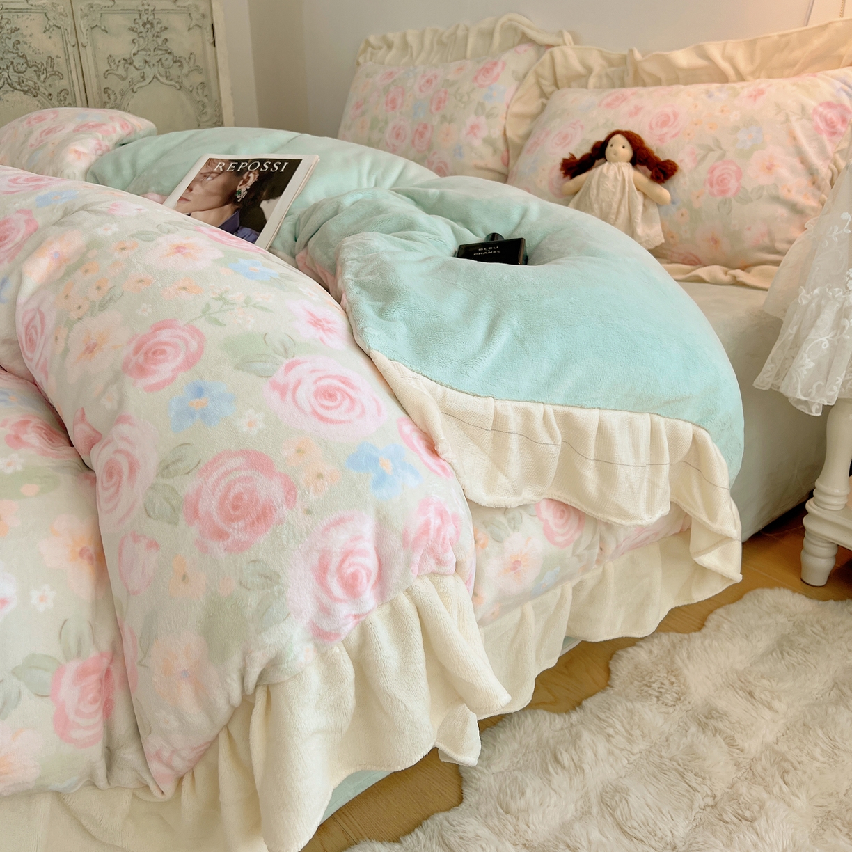 91家纺网 家纺一手货源 找家纺 桃喜 2025新款牛奶绒碎花花边系列四件套【会员-5】 蔷薇