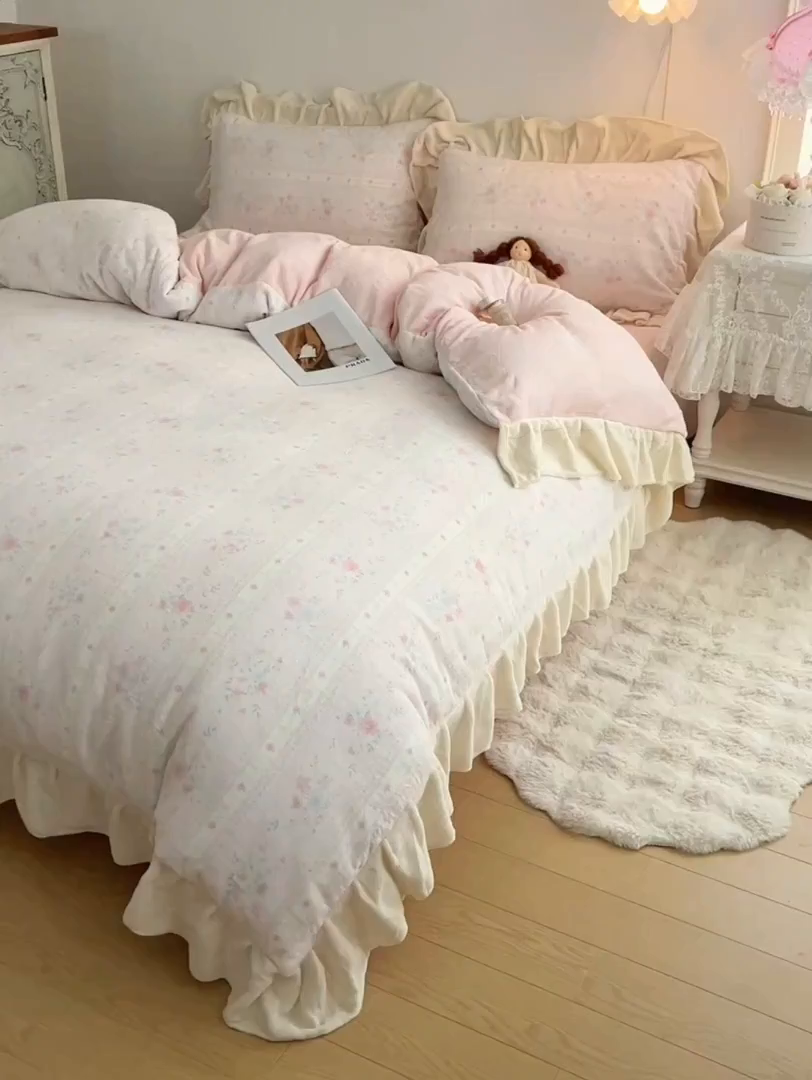 91家纺网 家纺一手货源 找家纺 （总）桃喜 2025新款牛奶绒碎花花边系列四件套【会员-5】