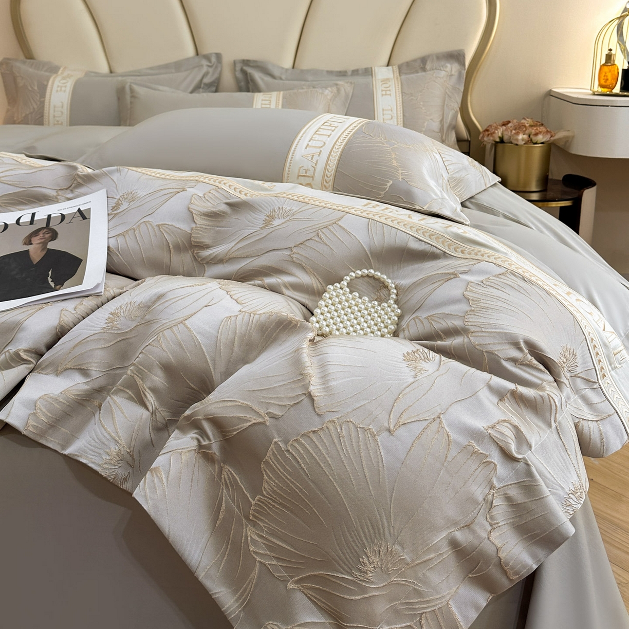 91家纺网 家纺一手货源 找家纺 （总）女子家纺 2025新款亲肤棉立体浮雕刺绣拼接四件套-东方树叶系列