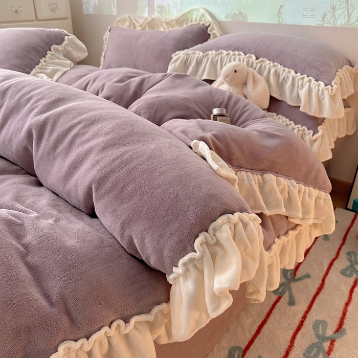 六巷胡同 2025新款A类法式小清新纯色牛奶绒花边款四件套 花边款-香芋紫