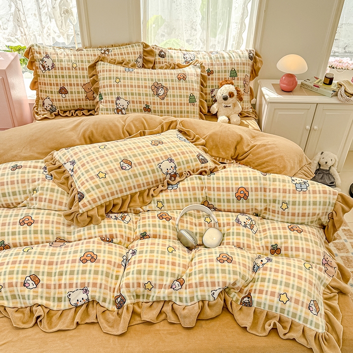 91家纺网 家纺一手货源 找家纺 （总）归属 2025新款韩版花边牛奶绒四件套（提供买家秀）