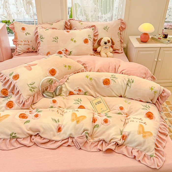 91家纺网 家纺一手货源 找家纺 （总）归属 2025新款韩版花边牛奶绒四件套（提供买家秀）