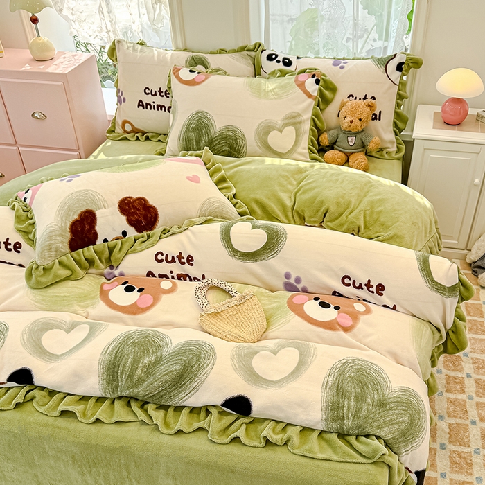 91家纺网 家纺一手货源 找家纺 归属 2025新款韩版花边牛奶绒四件套 洛可可熊