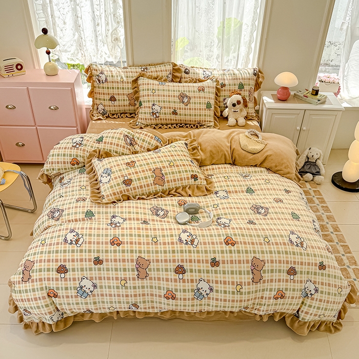 91家纺网 家纺一手货源 找家纺 归属 2025新款韩版花边牛奶绒四件套 萌宠聚会