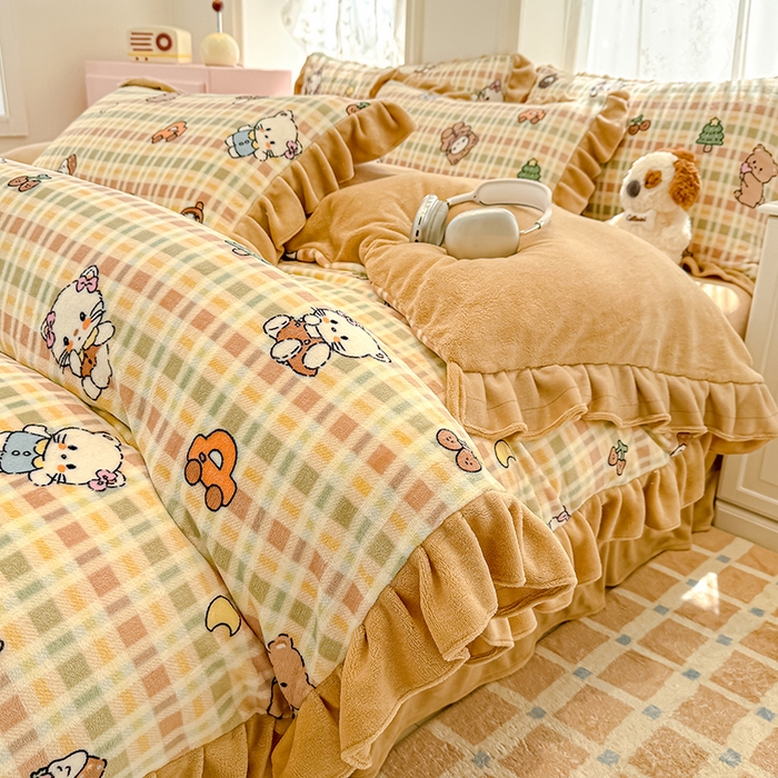 91家纺网 家纺一手货源 找家纺 归属 2025新款韩版花边牛奶绒四件套 萌宠聚会