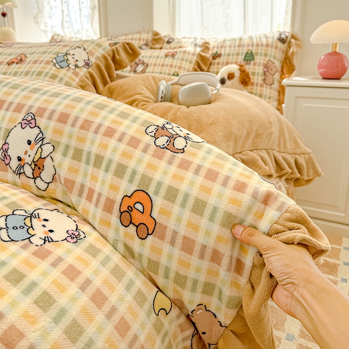 91家纺网 家纺一手货源 找家纺 归属 2025新款韩版花边牛奶绒四件套 萌宠聚会