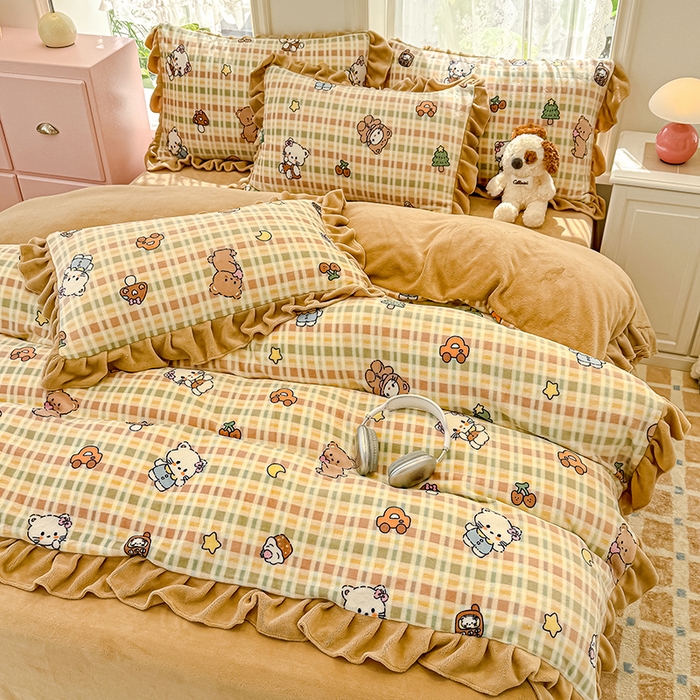 91家纺网 家纺一手货源 找家纺 归属 2025新款韩版花边牛奶绒四件套 萌宠聚会