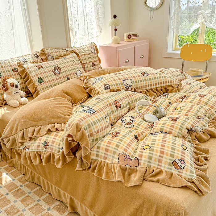 91家纺网 家纺一手货源 找家纺 归属 2025新款韩版花边牛奶绒四件套 萌宠聚会