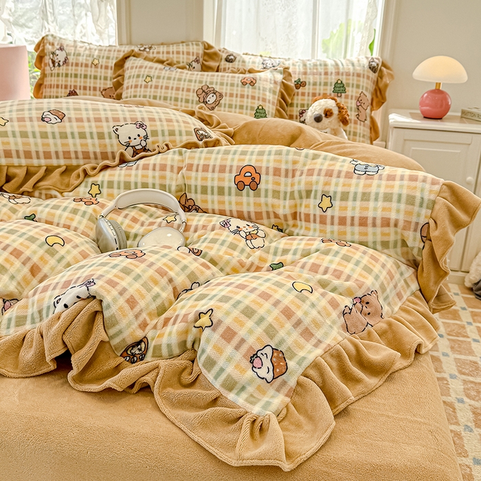 91家纺网 家纺一手货源 找家纺 归属 2025新款韩版花边牛奶绒四件套 萌宠聚会