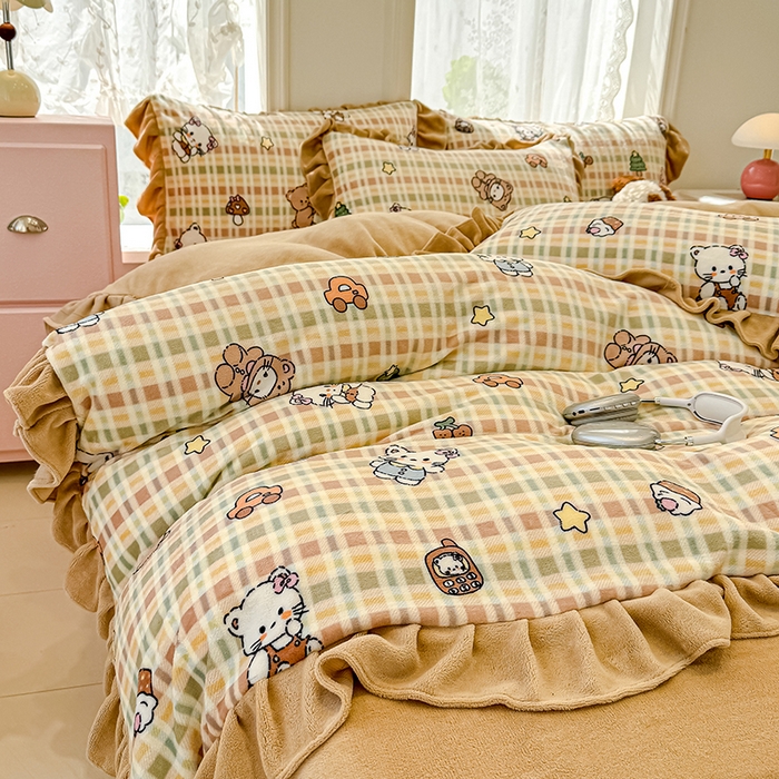 91家纺网 家纺一手货源 找家纺 归属 2025新款韩版花边牛奶绒四件套 萌宠聚会