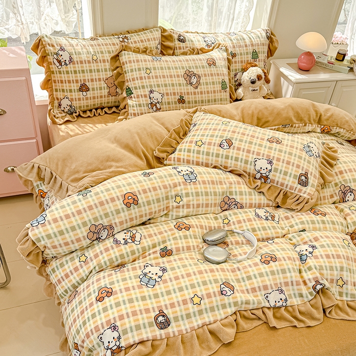 91家纺网 家纺一手货源 找家纺 归属 2025新款韩版花边牛奶绒四件套 萌宠聚会