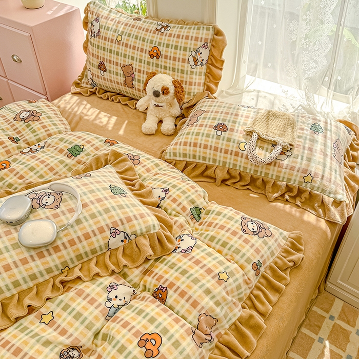 91家纺网 家纺一手货源 找家纺 归属 2025新款韩版花边牛奶绒四件套 萌宠聚会