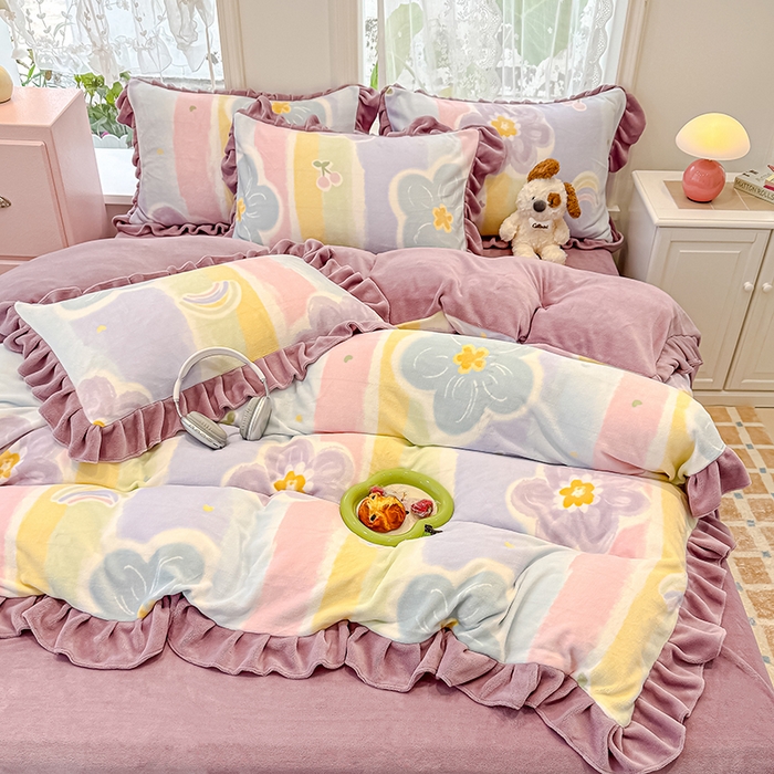 归属 2025新款韩版花边牛奶绒四件套 七彩花梦