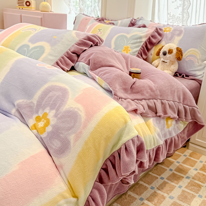 91家纺网 家纺一手货源 找家纺 归属 2025新款韩版花边牛奶绒四件套 七彩花梦