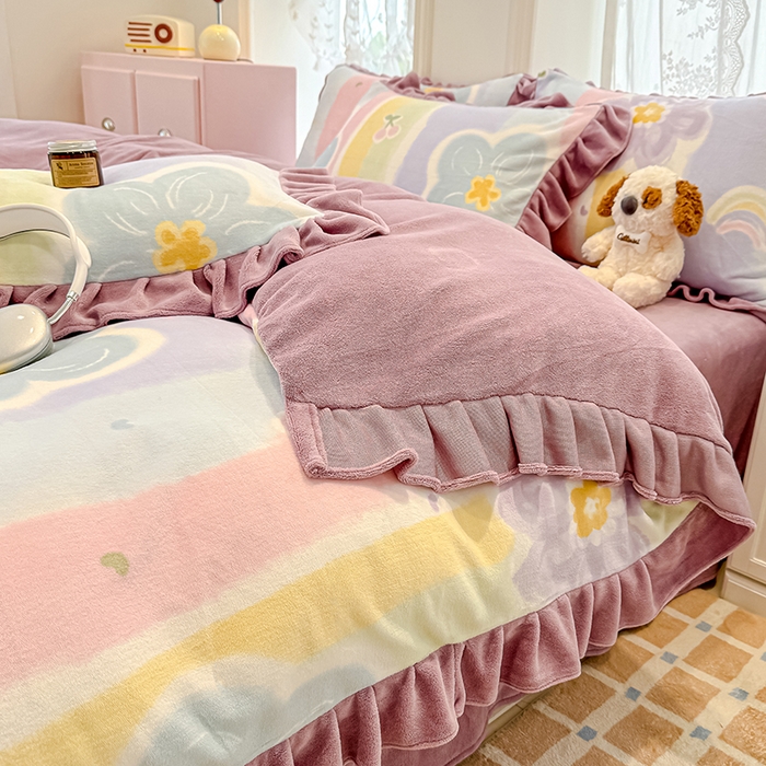 91家纺网 家纺一手货源 找家纺 归属 2025新款韩版花边牛奶绒四件套 七彩花梦