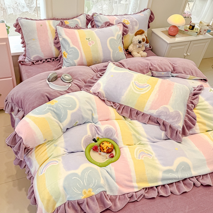 91家纺网 家纺一手货源 找家纺 归属 2025新款韩版花边牛奶绒四件套 七彩花梦