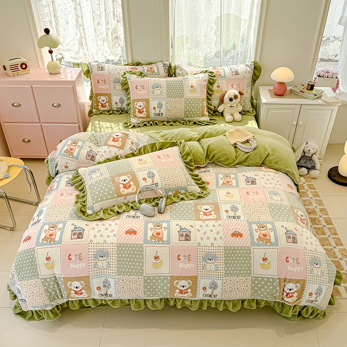 91家纺网 家纺一手货源 找家纺 归属 2025新款韩版花边牛奶绒四件套 童趣乐园