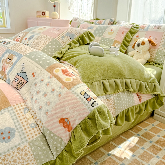 91家纺网 家纺一手货源 找家纺 归属 2025新款韩版花边牛奶绒四件套 童趣乐园