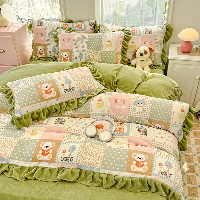 91家纺网 家纺一手货源 找家纺 归属 2025新款韩版花边牛奶绒四件套 童趣乐园